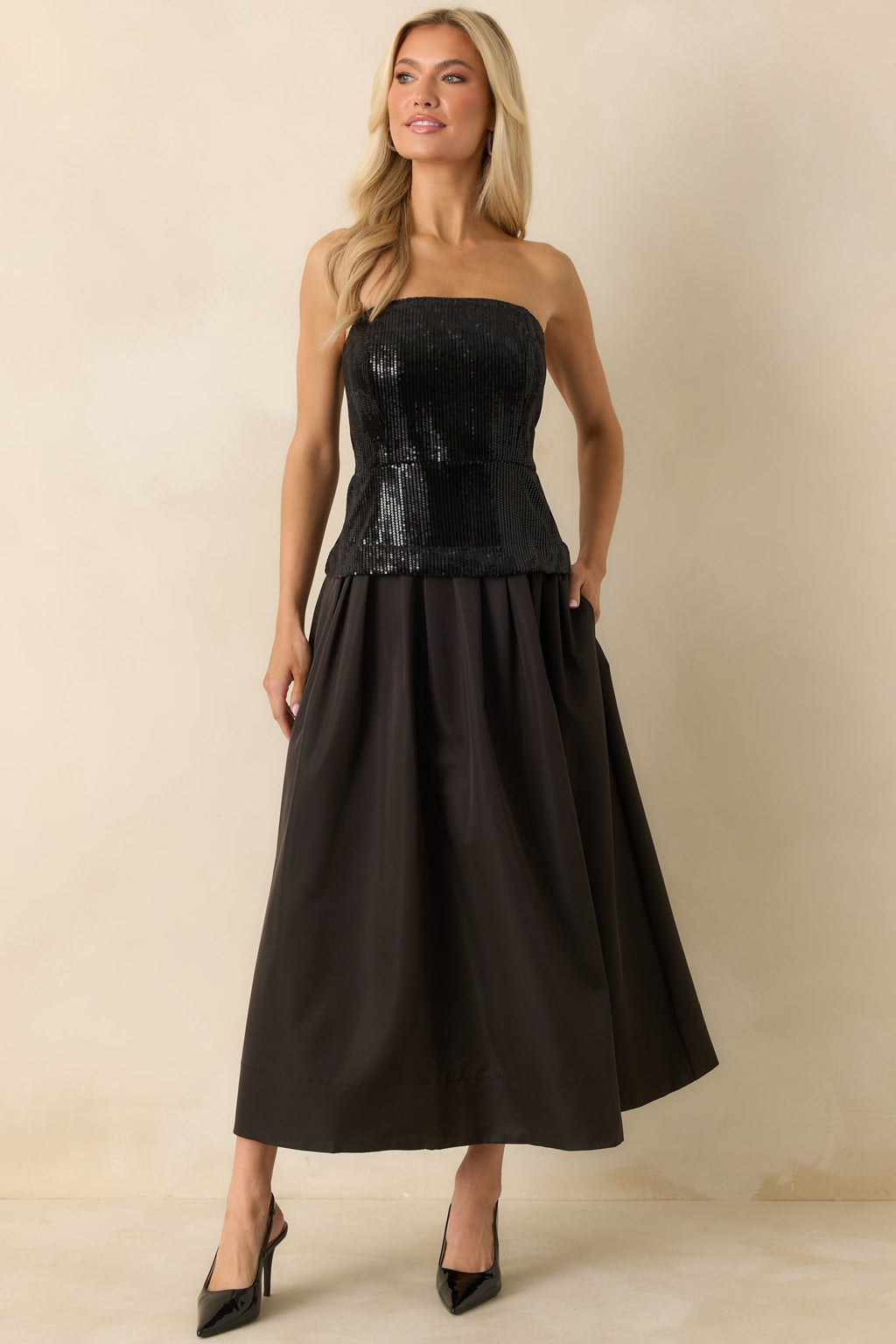 Sips & Sparkles Black Sequin Strapless Midi Dress