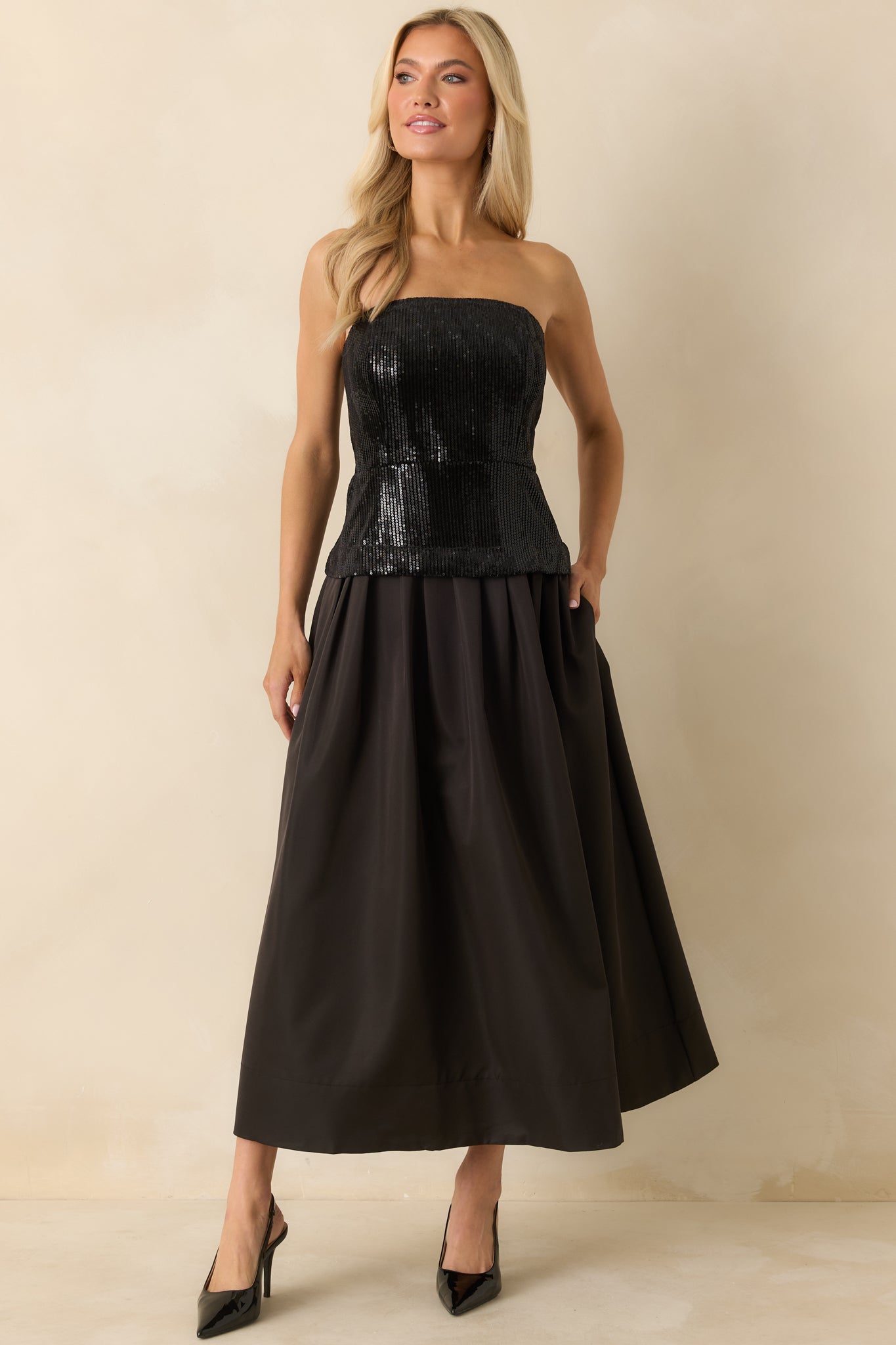 Sips & Sparkles Black Sequin Strapless Midi Dress