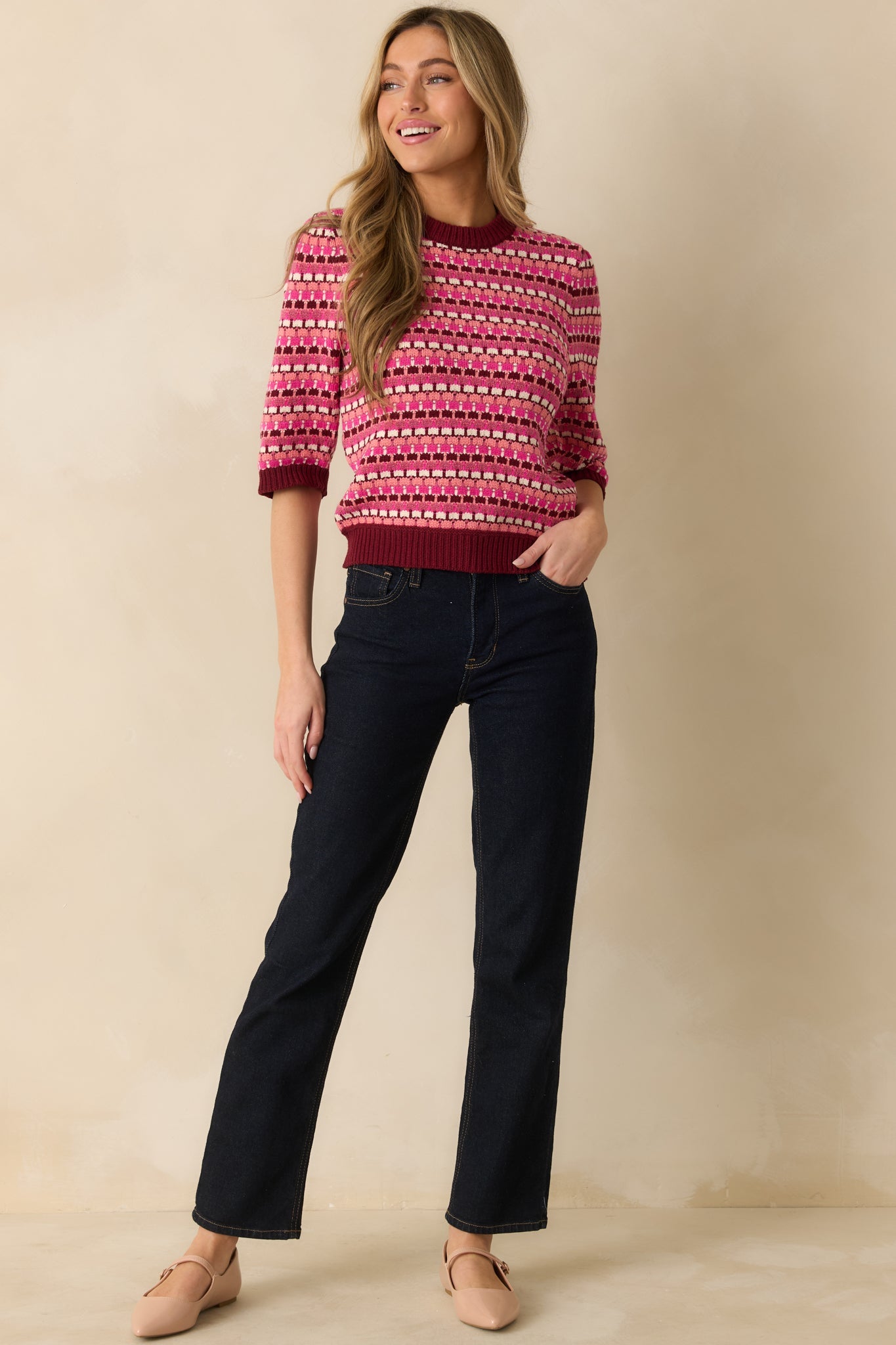 Choosing Cheerful Pink Multi Knit Striped 3/4 Sleeve Sweater
