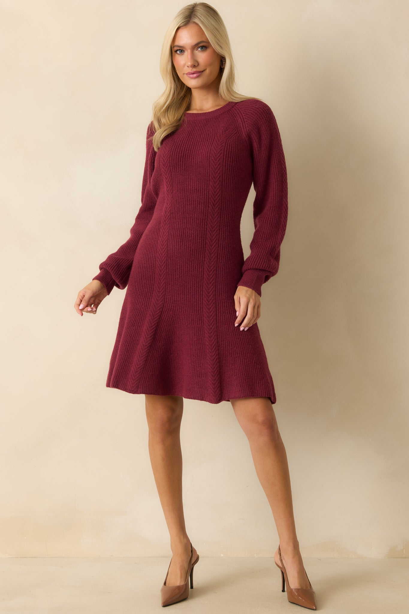 No Better Time Burgundy Ribbed Knit Sweater Mini Dress
