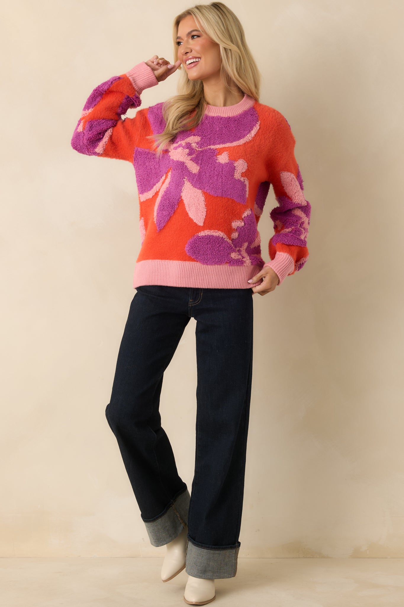 FRNCH Ayme Orange Multi Knit Floral Sweater