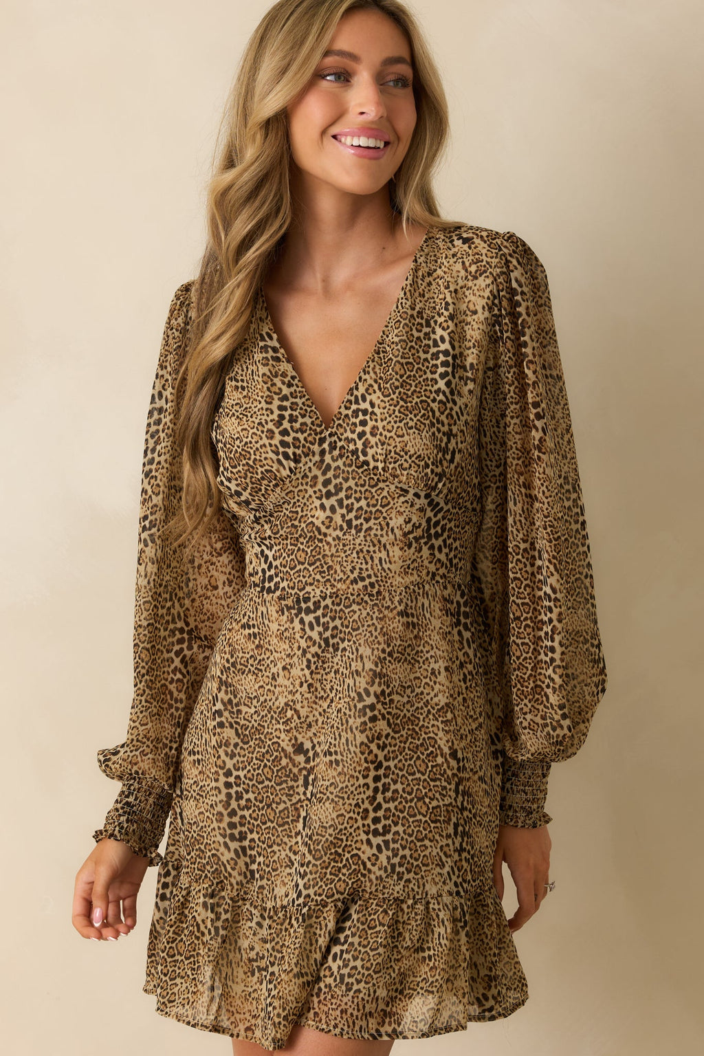 Hold On To This Tan Leopard Print Chiffon Mini Dress