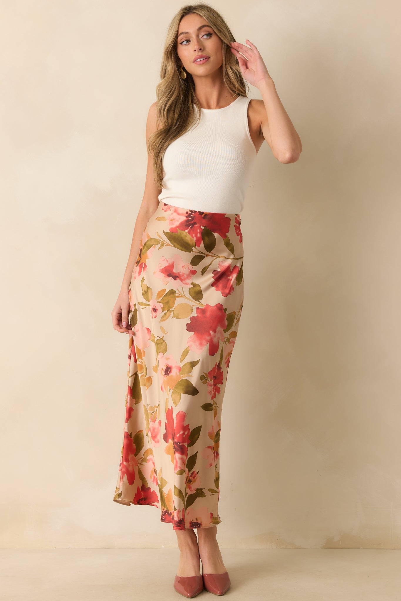 Nothing More To Say Tan Multi Floral Print Satin Maxi Skirt