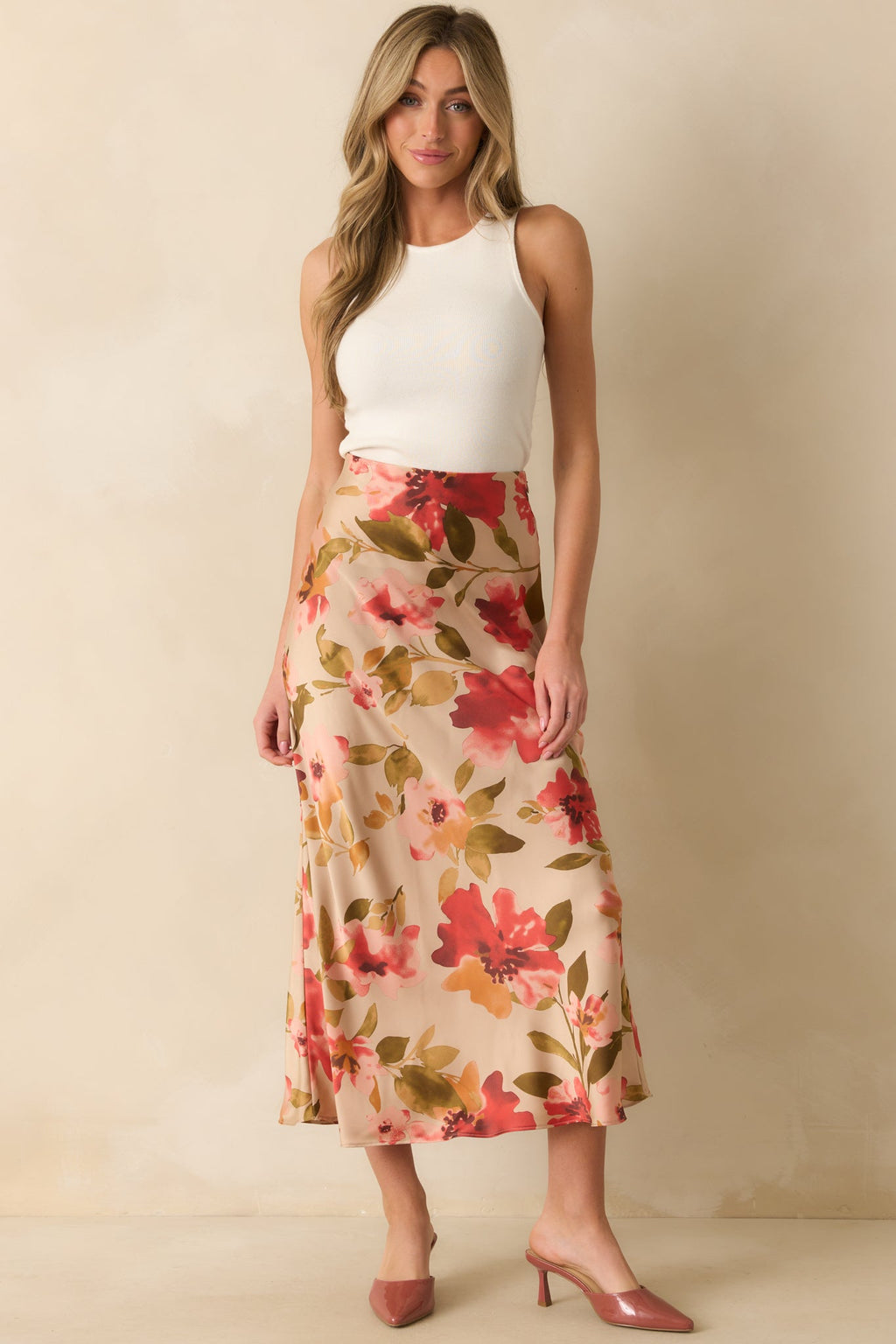 Nothing More To Say Tan Multi Floral Print Satin Maxi Skirt