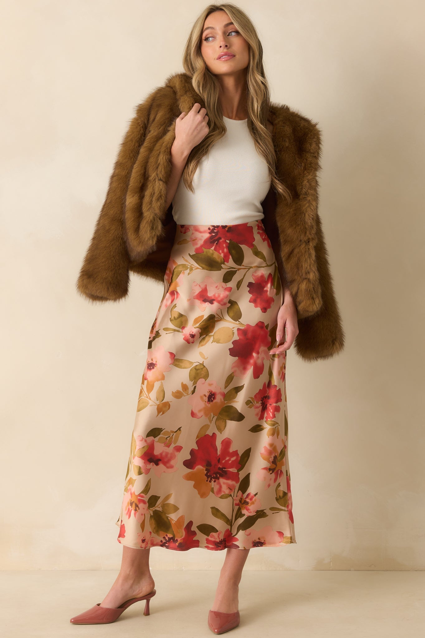 Nothing More To Say Tan Multi Floral Print Satin Maxi Skirt