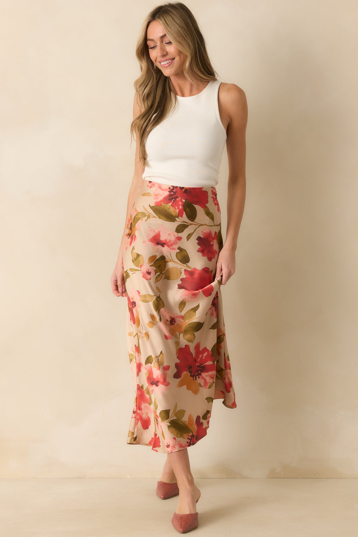Nothing More To Say Tan Multi Floral Print Satin Maxi Skirt