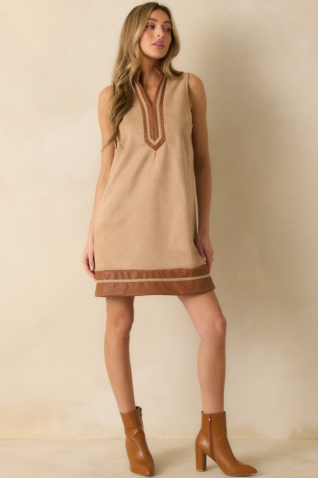 Once In A While Tan Faux Suede Mini Dress