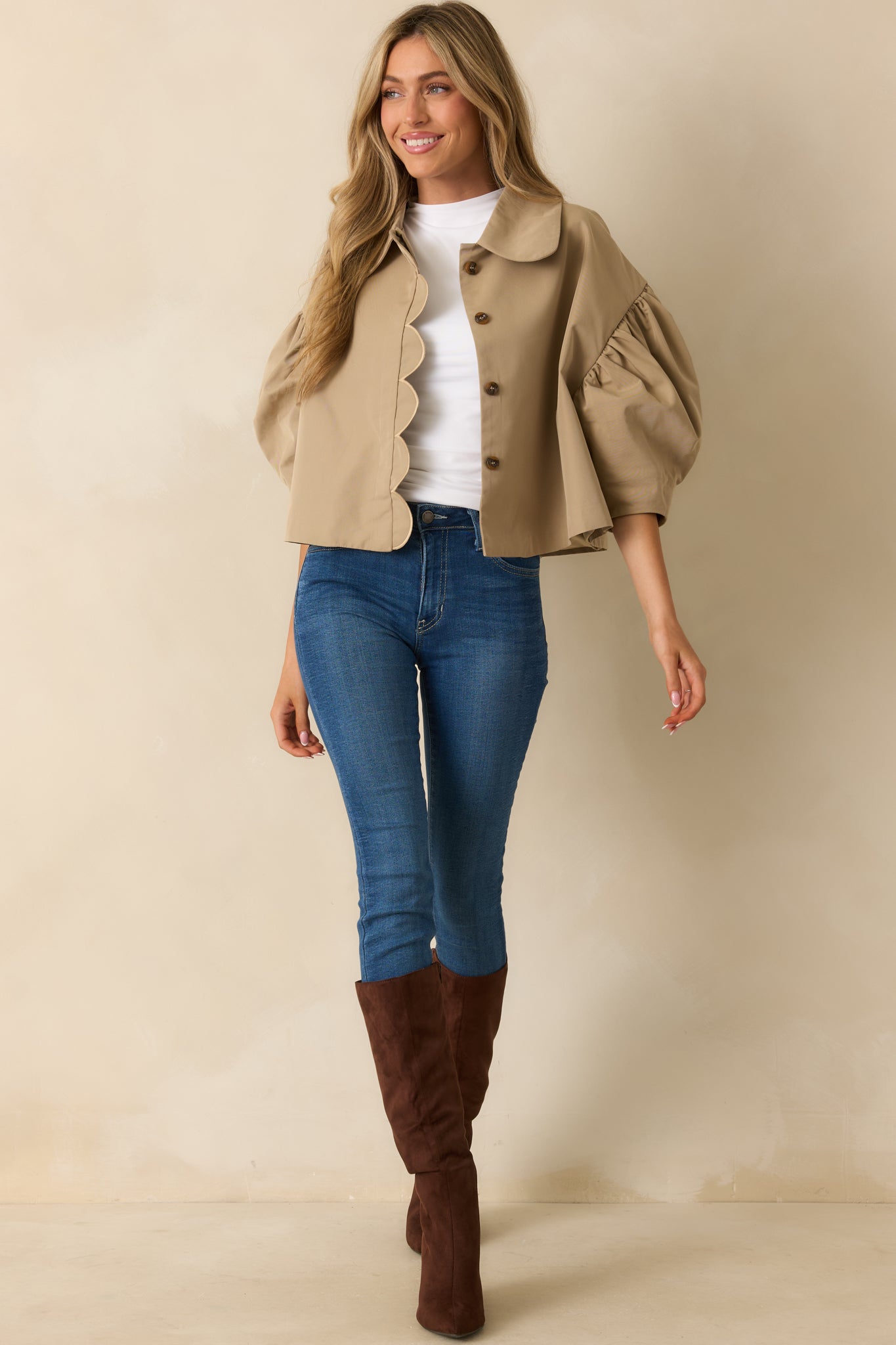 For the Frill of It Taupe Scalloped Puff Sleeve Jacket