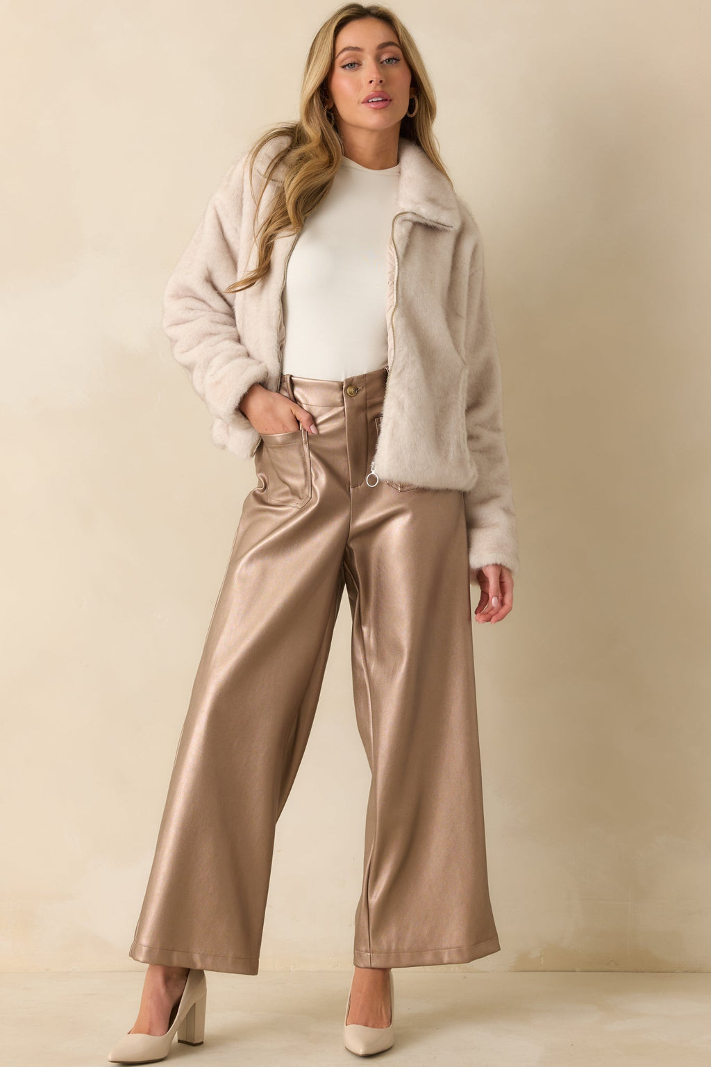 Catch You Later Metallic Taupe Wide Leg Pants
