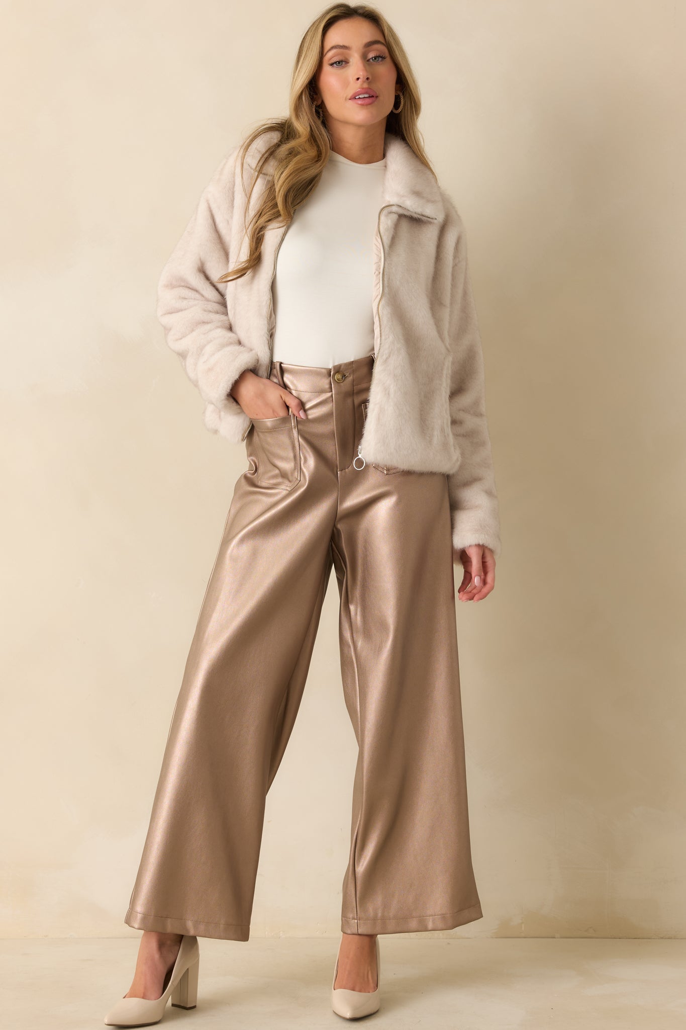 Catch You Later Metallic Taupe Wide Leg Pants