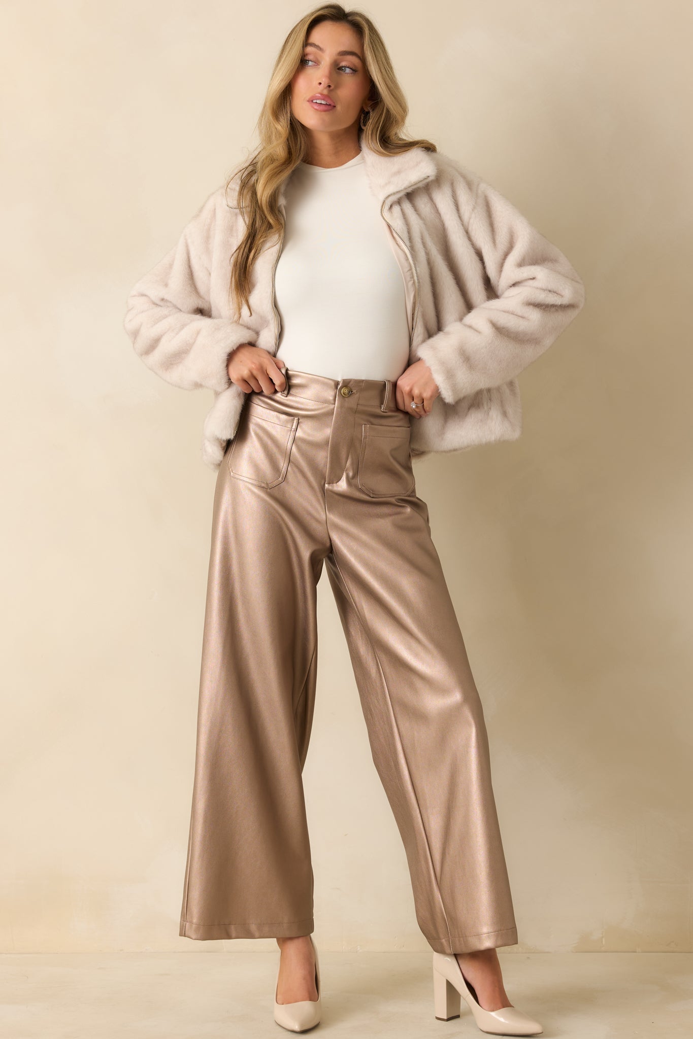 Catch You Later Metallic Taupe Wide Leg Pants