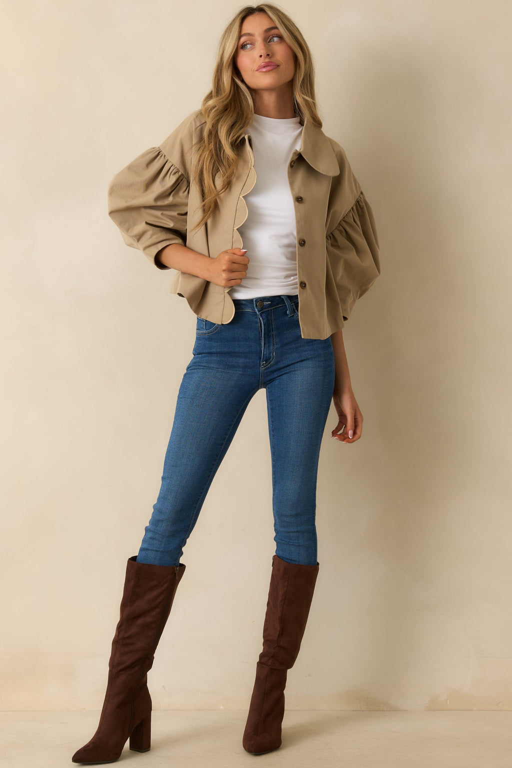 For the Frill of It Taupe Scalloped Puff Sleeve Jacket