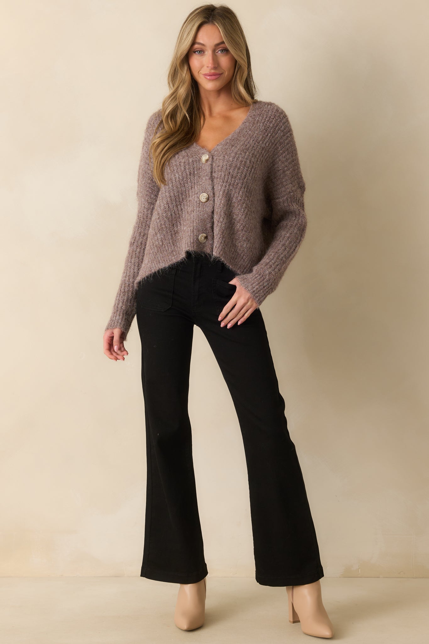 Always The Answer Taupe Ribbed Knit Button Up Cardigan