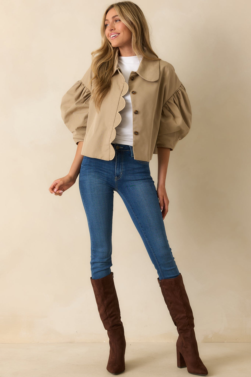For the Frill of It Taupe Scalloped Puff Sleeve Jacket