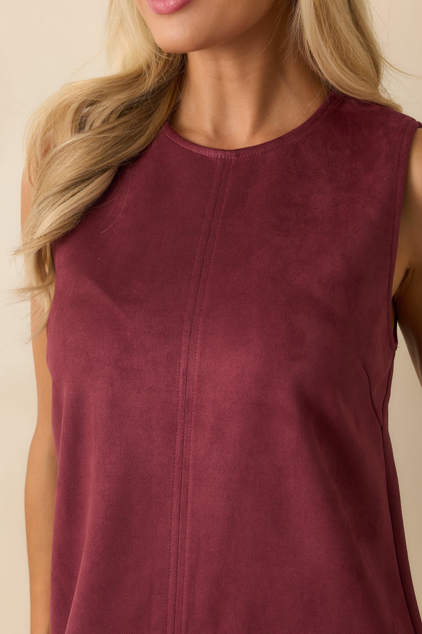 Chic Contrast Wine Red Faux Suede & Leather Sleeveless Shift Dress