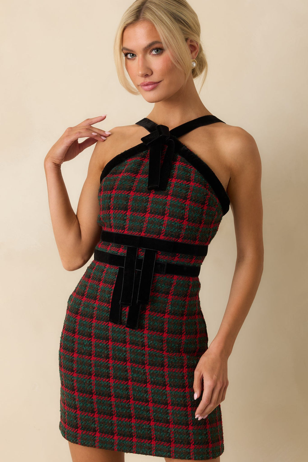 Prosperina Faye Green Multi Plaid Tweed Halter Dress