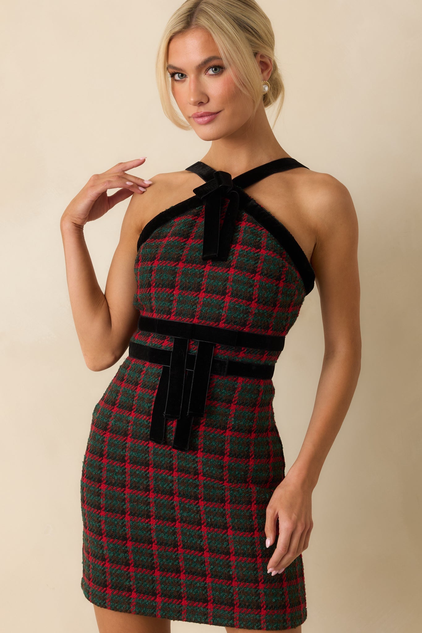 Prosperina Faye Green Multi Plaid Tweed Halter Dress