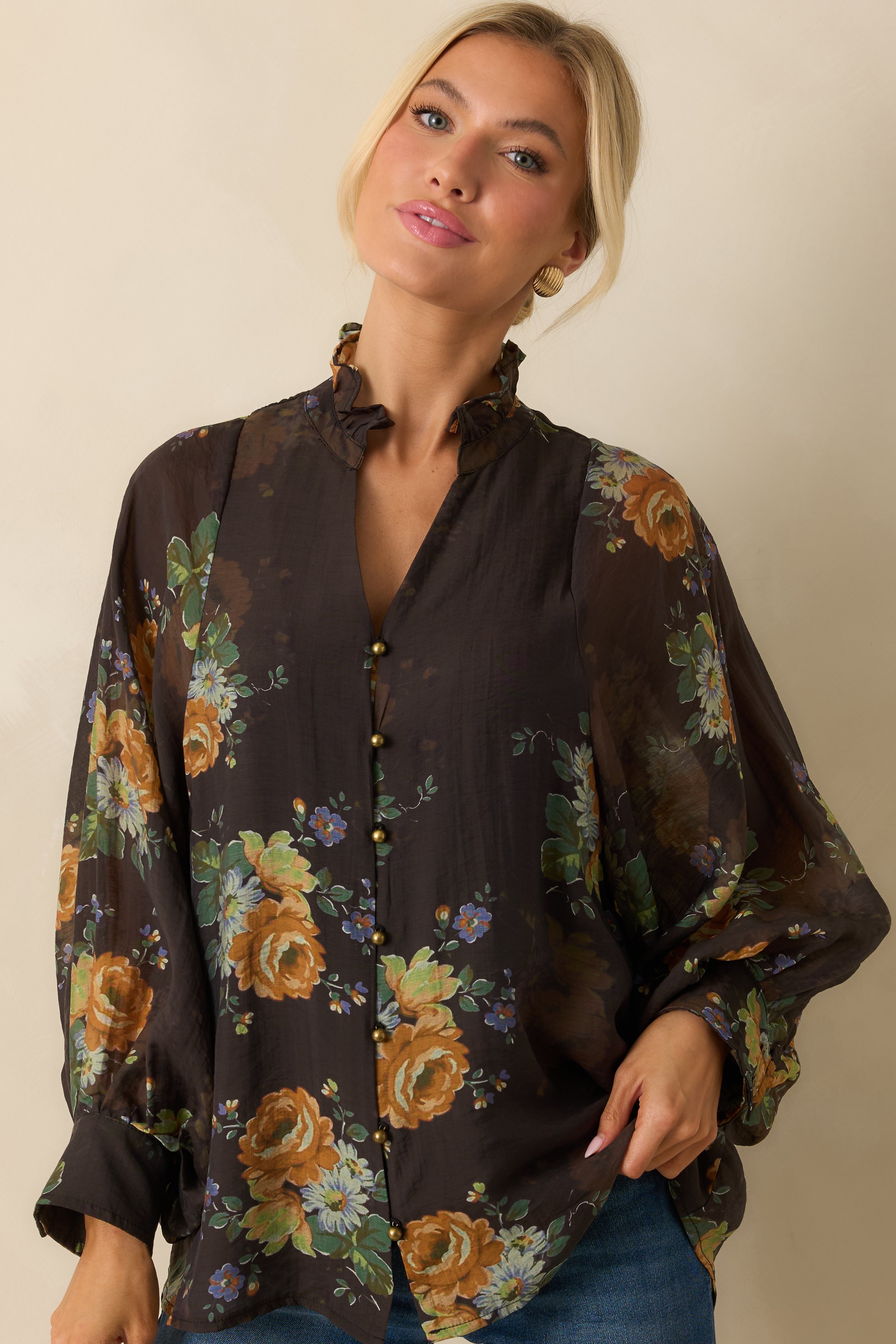Sweet as Petals Brown Multi Floral Print Button Up Blouse