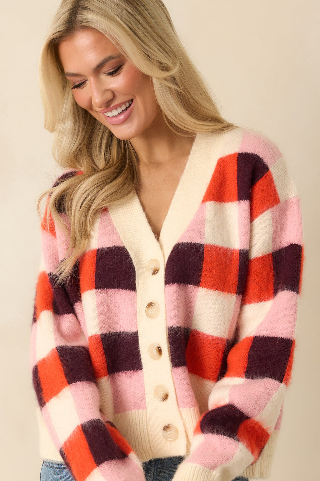 FRNCH Viola Pink Multi Knit Checked Cardigan