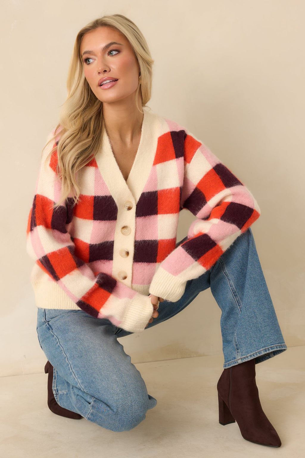 FRNCH Viola Pink Multi Knit Checked Cardigan