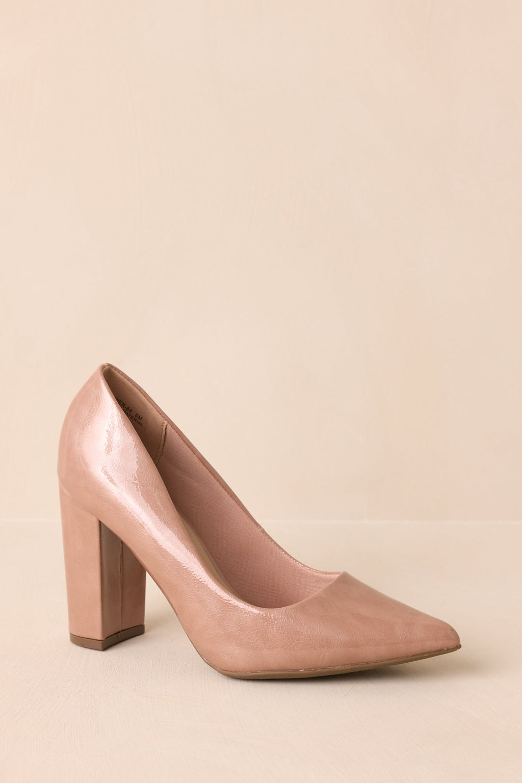 Run The Show Light Mocha Patent Pointed Toe Block Heel Pumps
