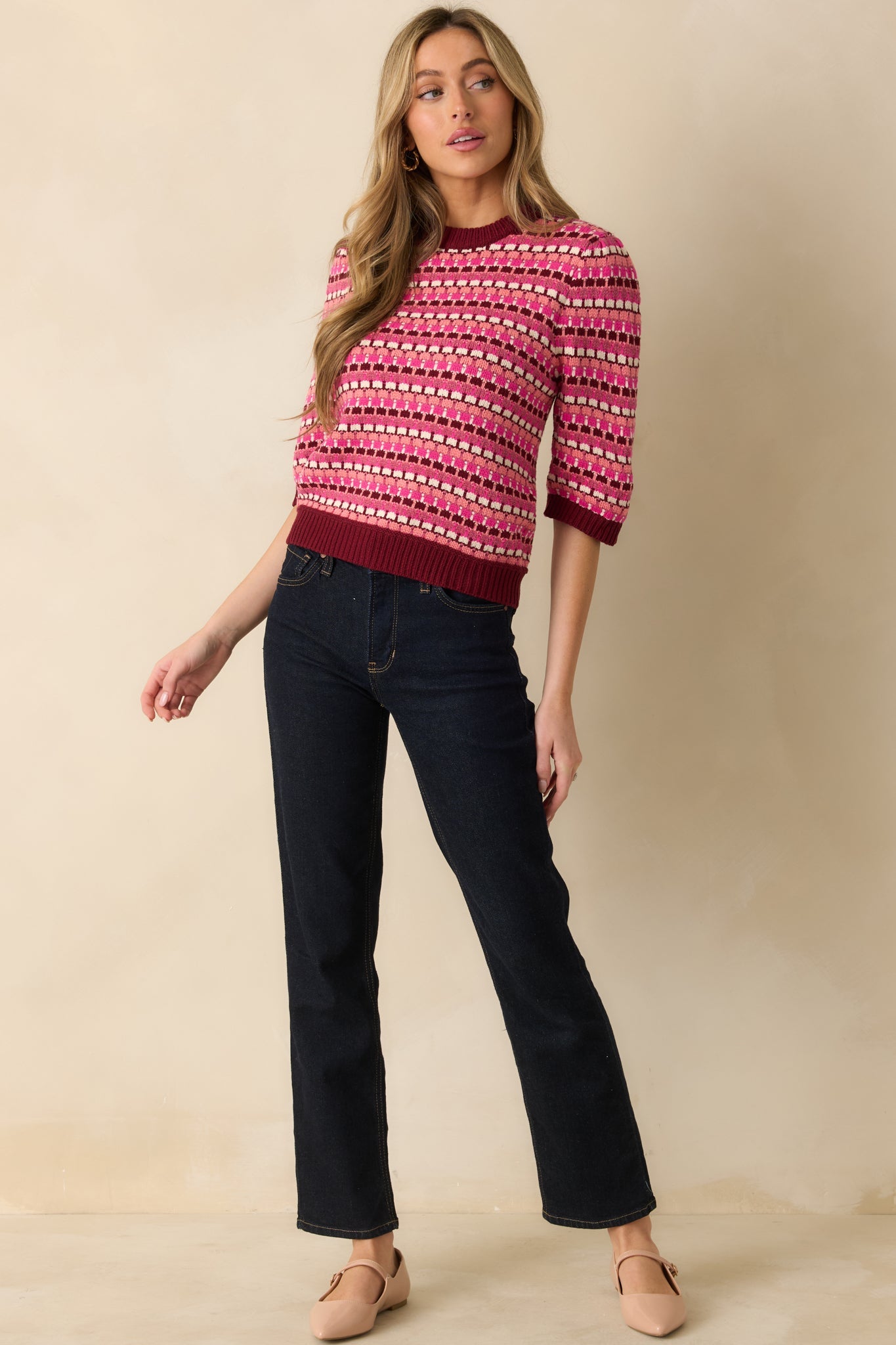 Choosing Cheerful Pink Multi Knit Striped 3/4 Sleeve Sweater