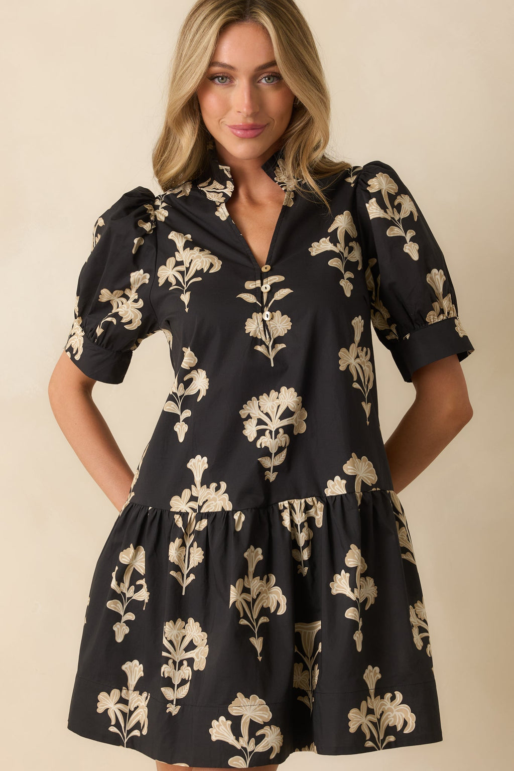 For Another Day Black Floral Print Cotton Puff Sleeve Mini Dress