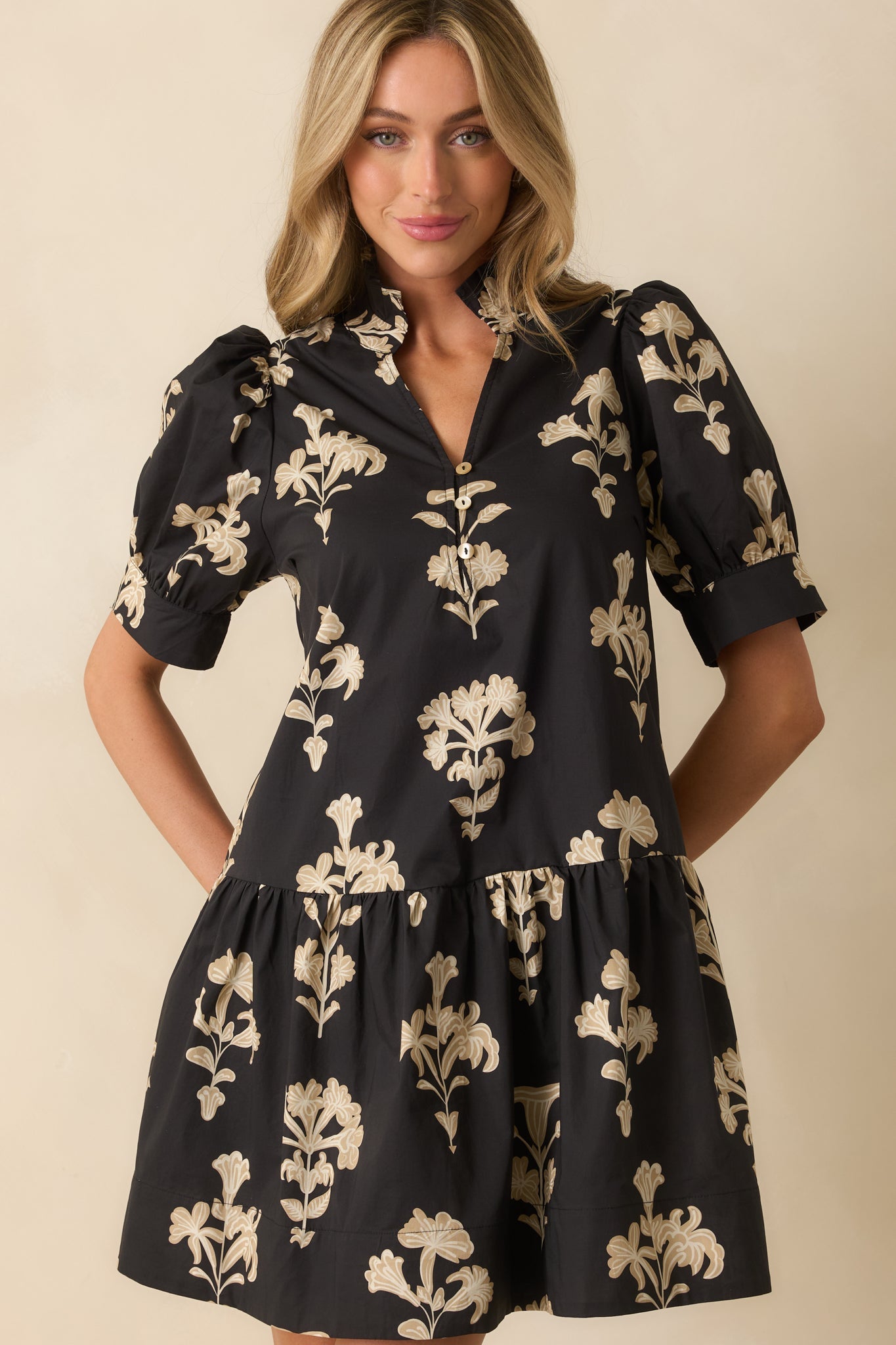 For Another Day Black Floral Print Cotton Puff Sleeve Mini Dress