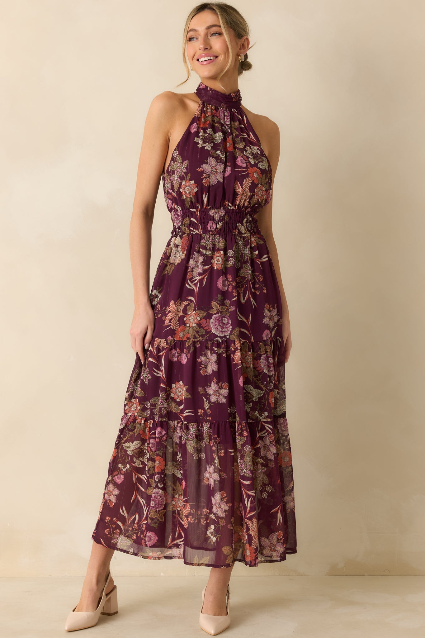 Flirt With Flora Berry Purple Multi Floral Print Halter Maxi Dress