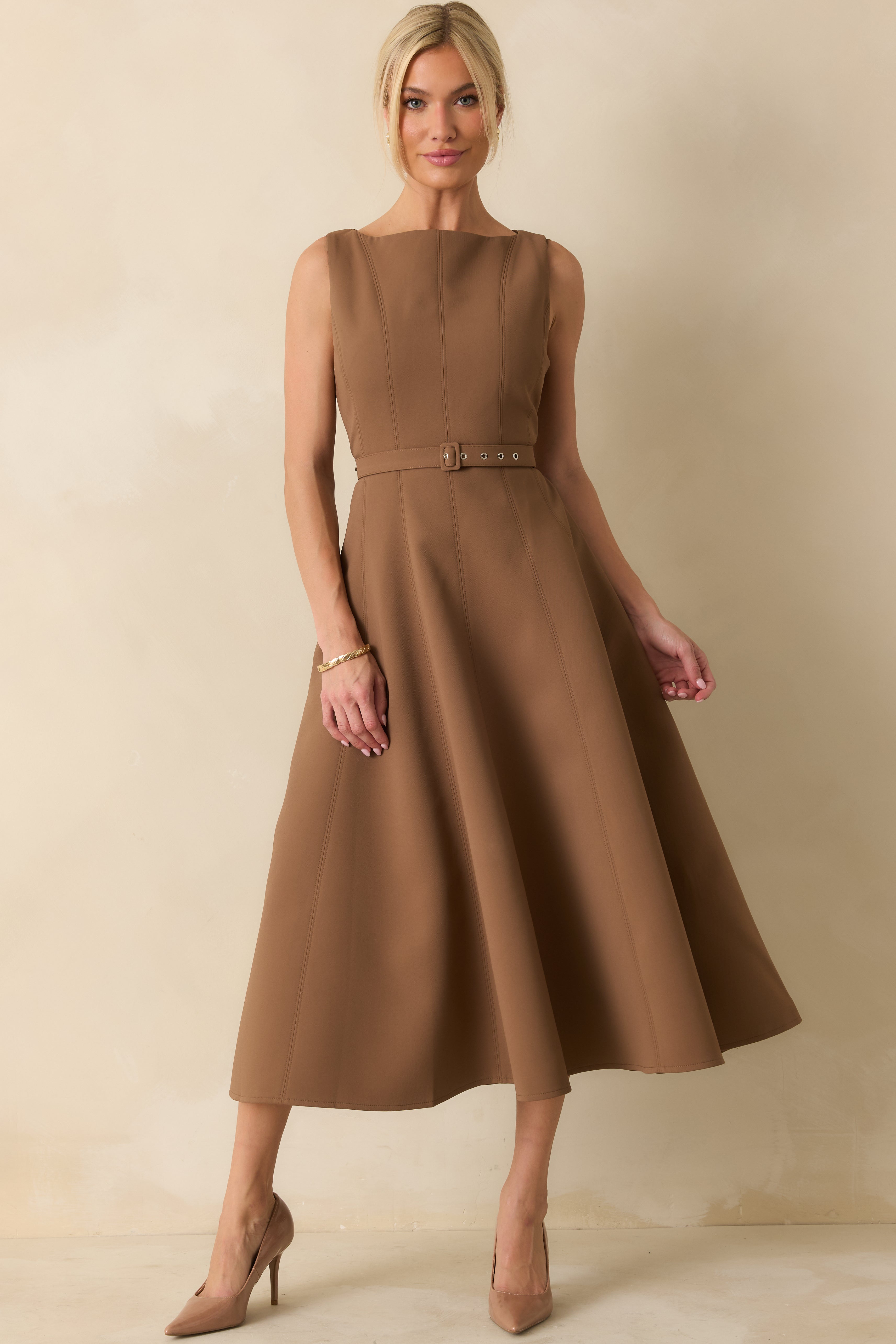 Timely Matter Toffee Brown Belted Sleeveless Midi Dress