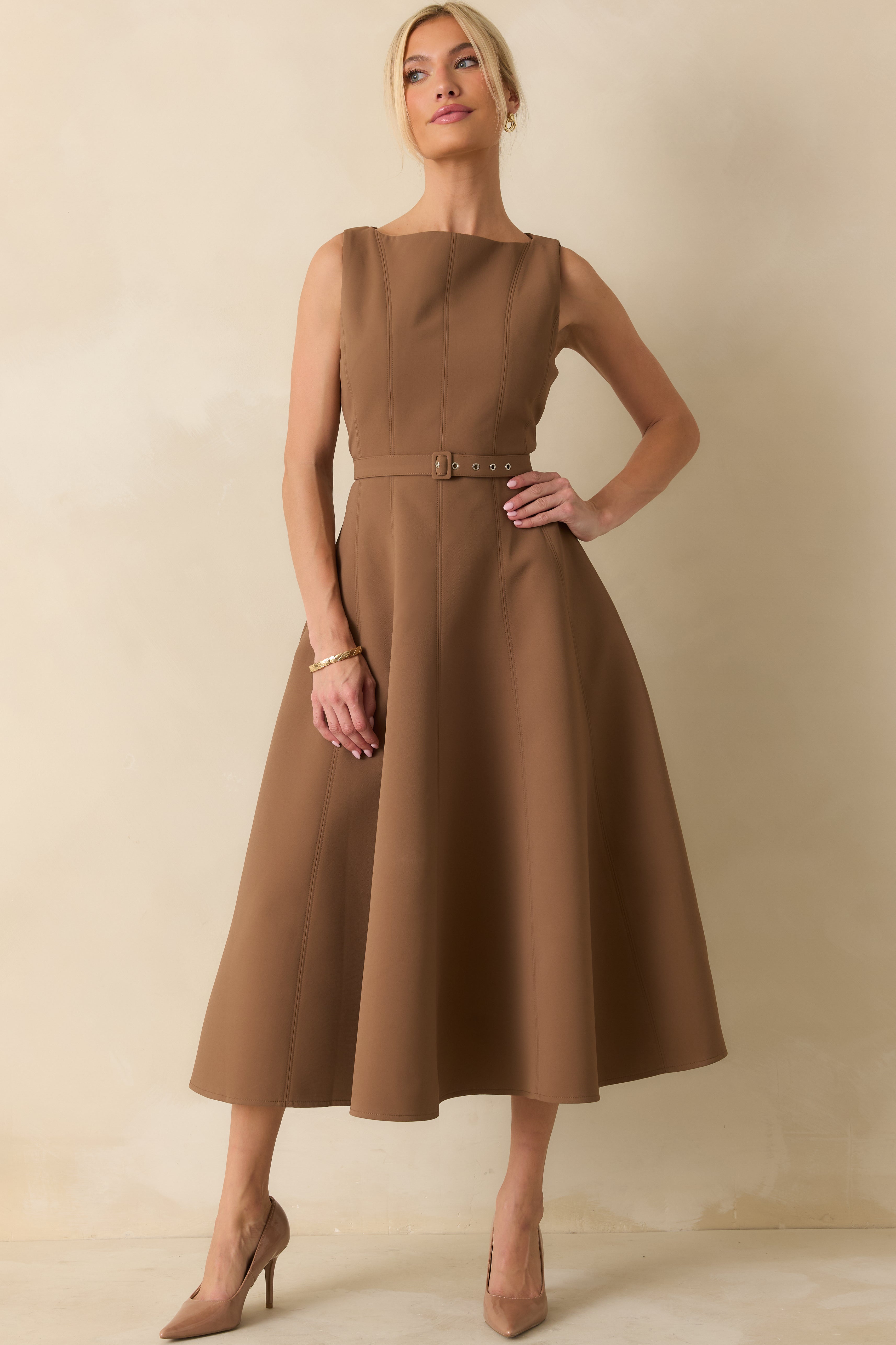 Timely Matter Toffee Brown Belted Sleeveless Midi Dress