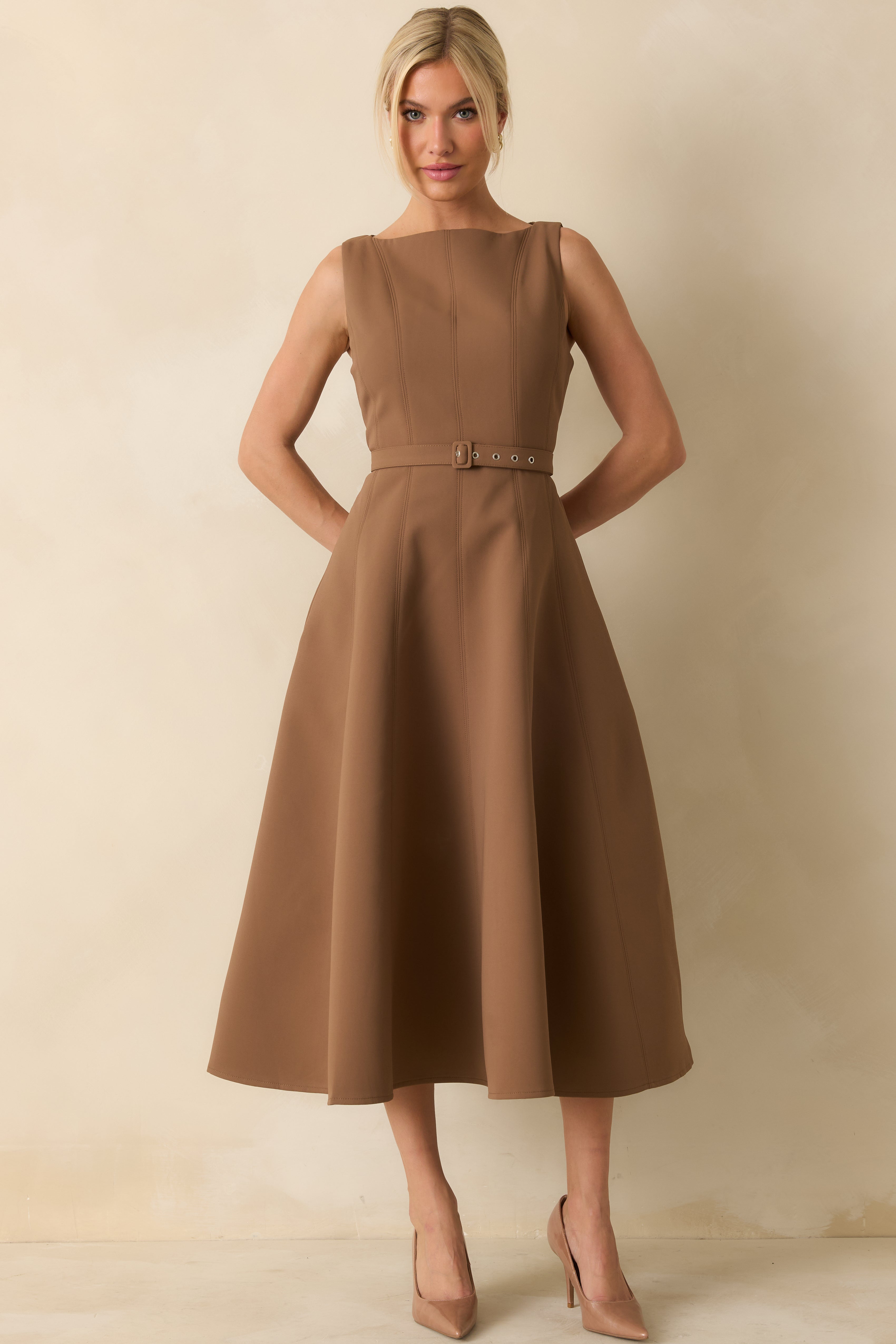 Timely Matter Toffee Brown Belted Sleeveless Midi Dress