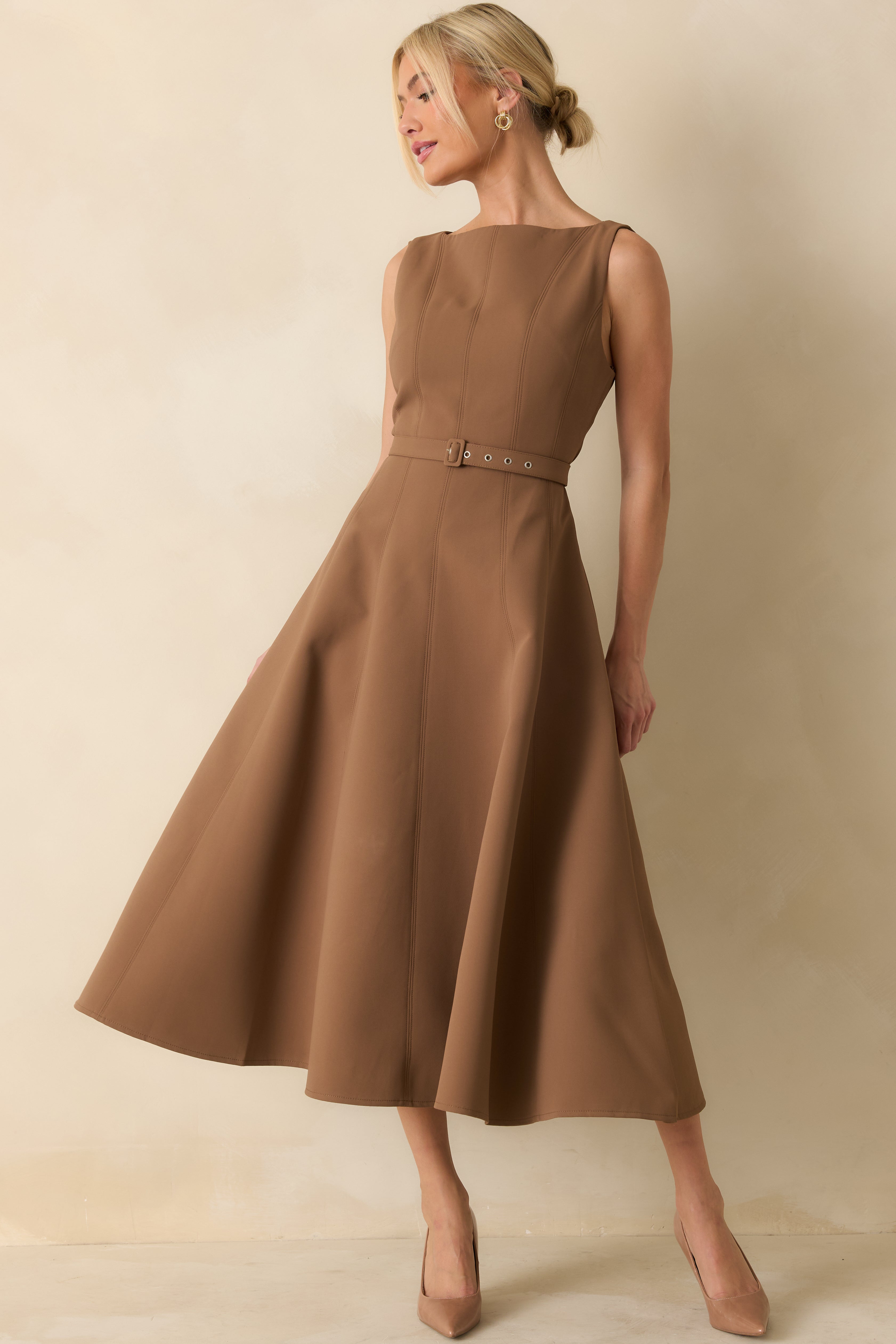 Timely Matter Toffee Brown Belted Sleeveless Midi Dress
