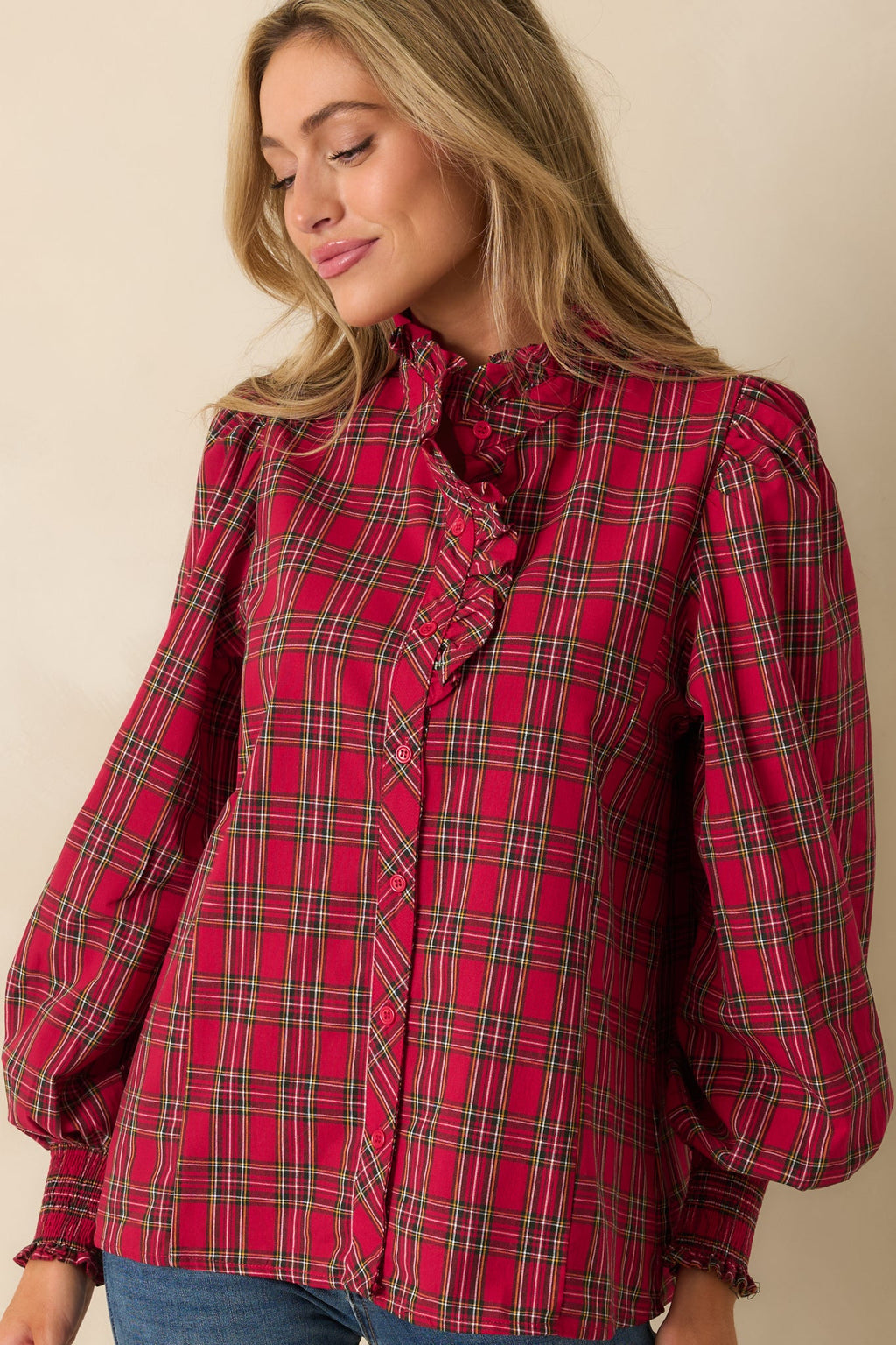 Festive Feeling Red Plaid Cotton Ruffle Neck Button Up Blouse