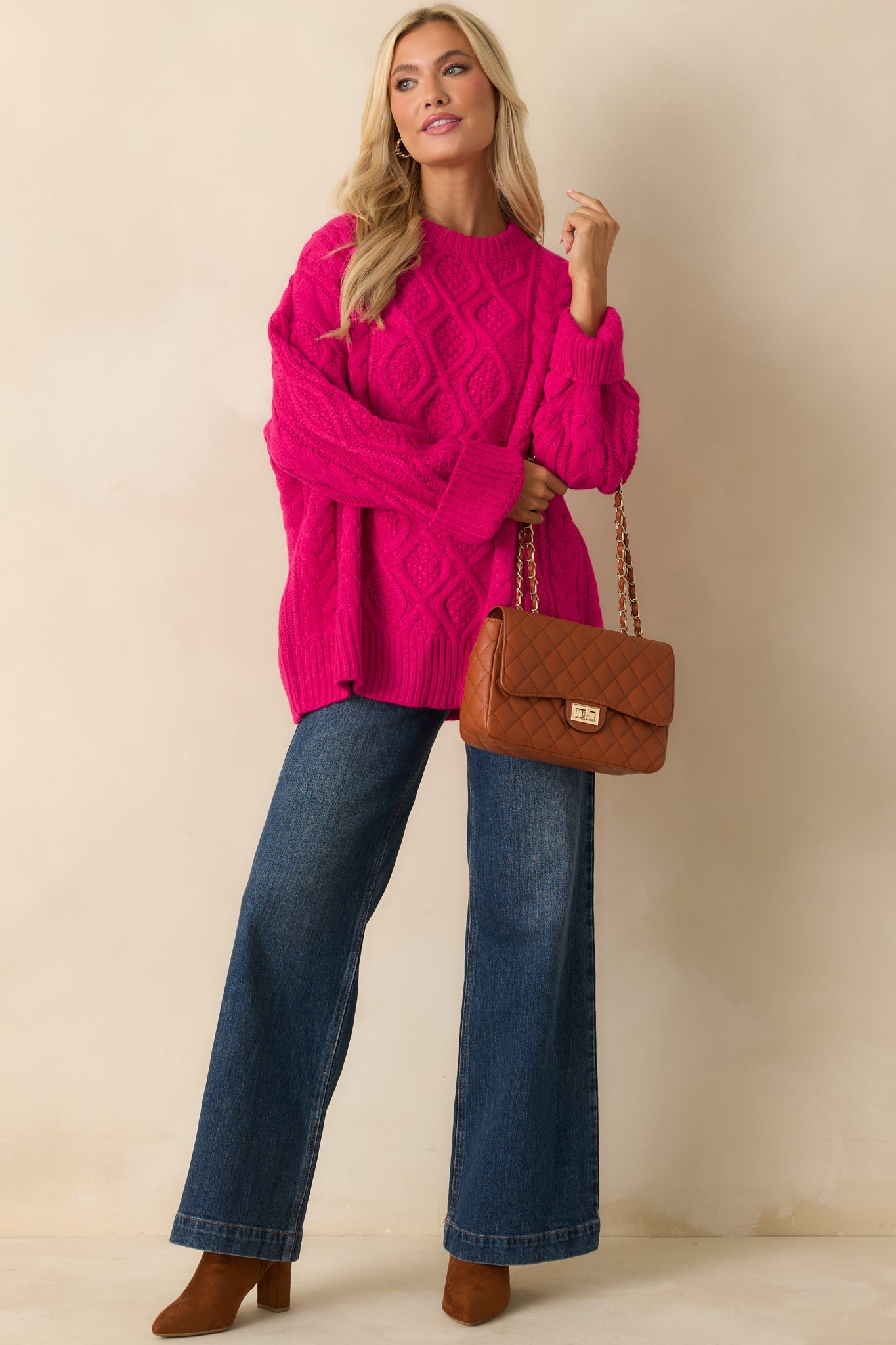 Feeling Bright Hot Pink Cable Knit Oversized Sweater