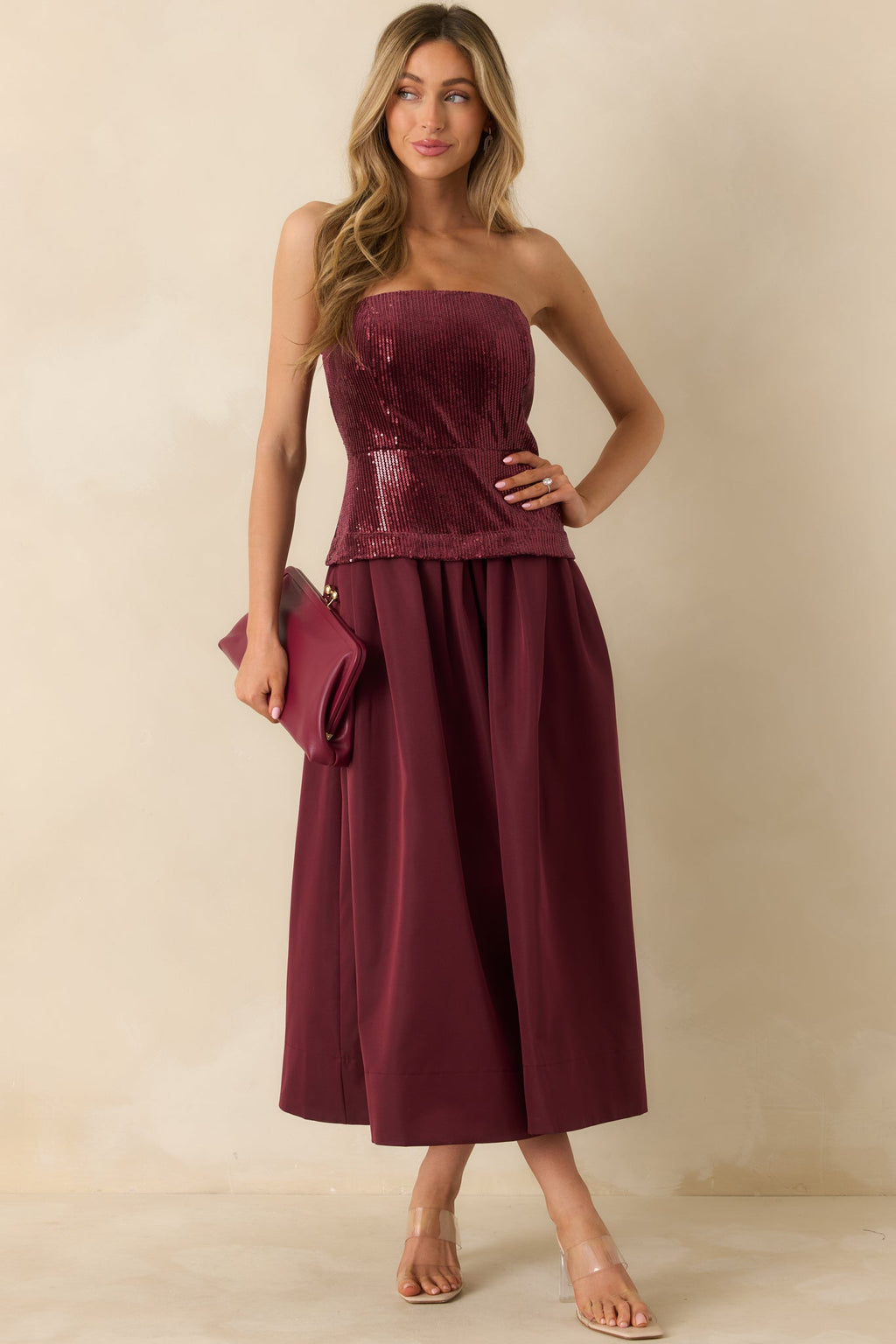 Sips & Sparkles Wine Red Sequin Strapless Midi Dress