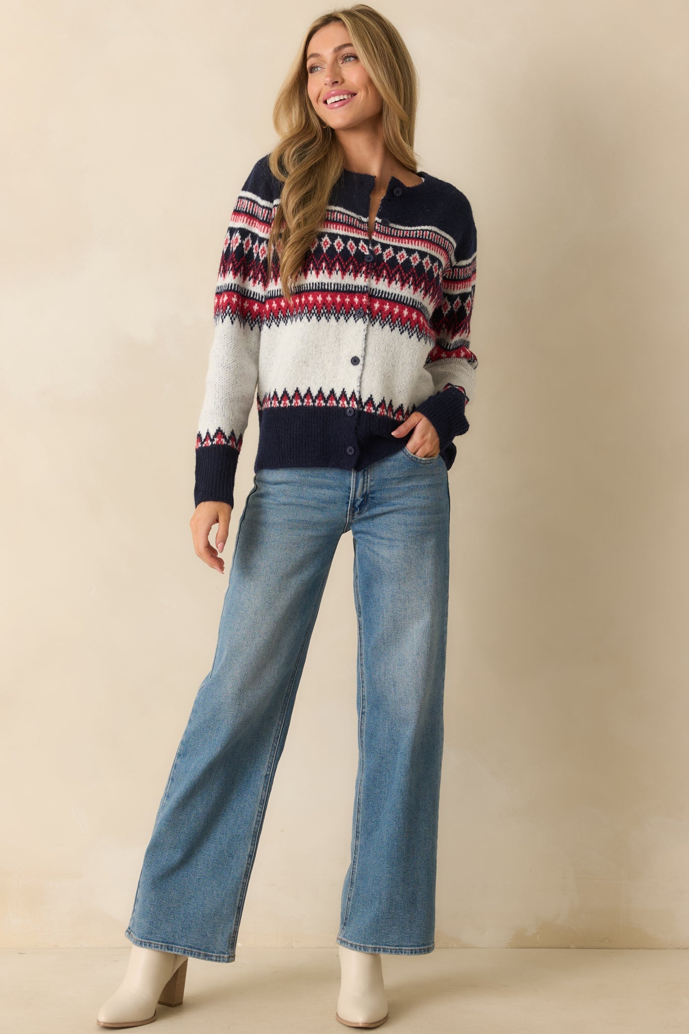 Fireside in Fair Isle White & Navy Multi Patterned Button Up Cardigan