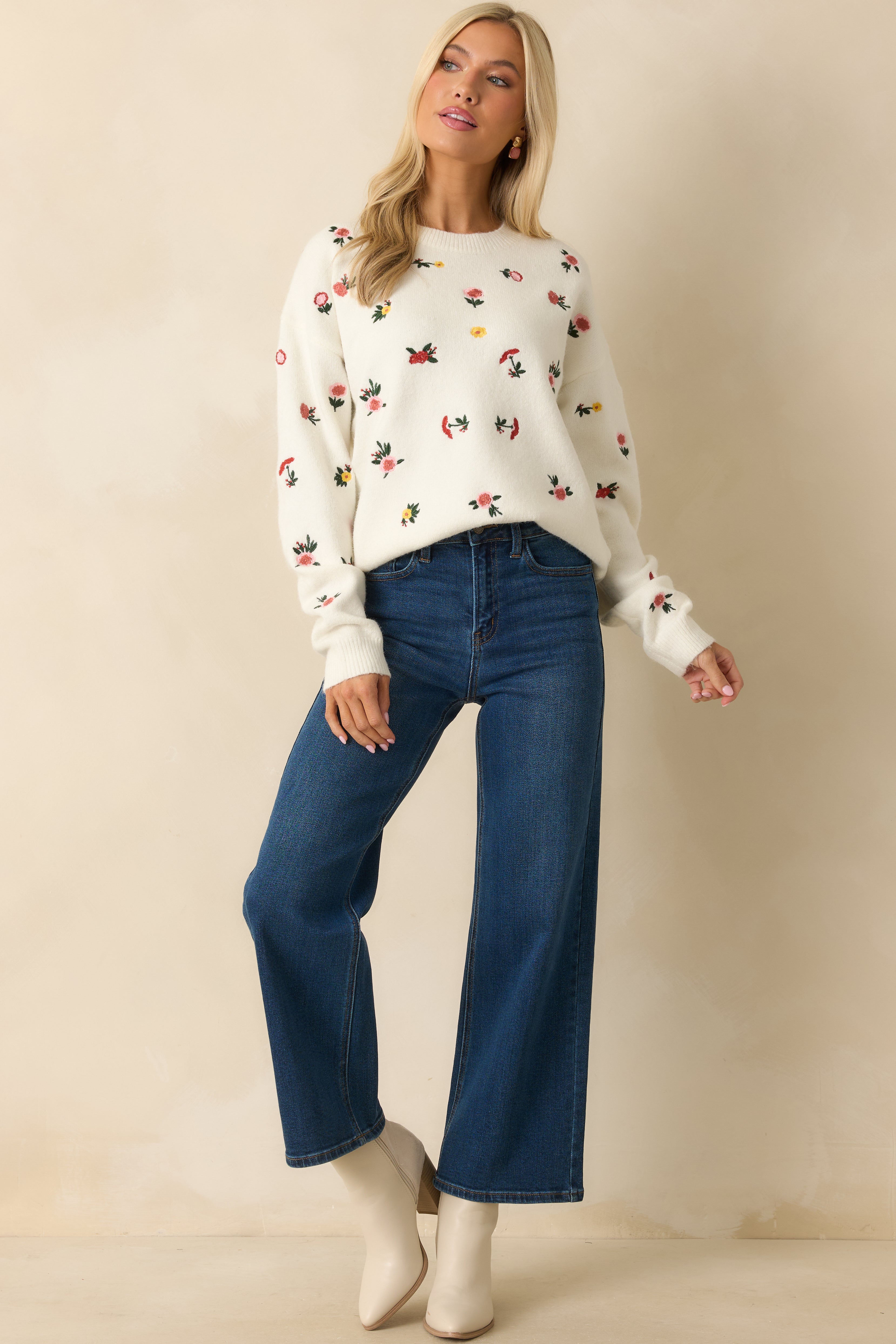 Naturally Yours White Multi Floral Embroidered Knit Sweater