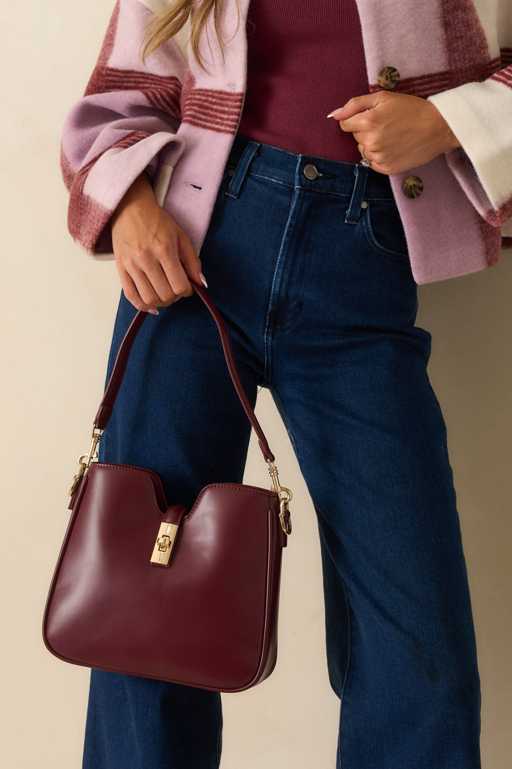 Might Surprise You Wine Red Faux Leather Twist Lock Handbag