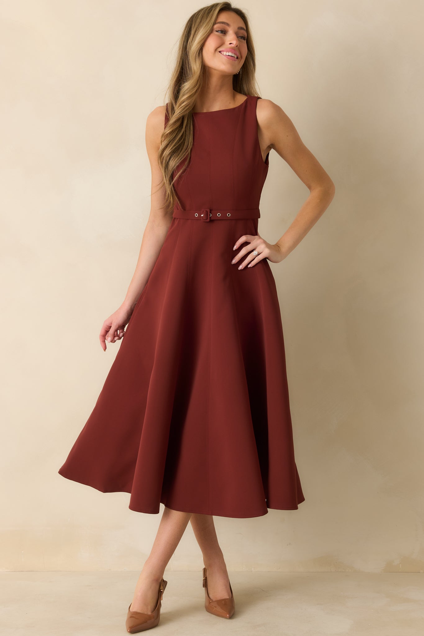 Timely Matter Dark Rust Red Belted Sleeveless Midi Dress