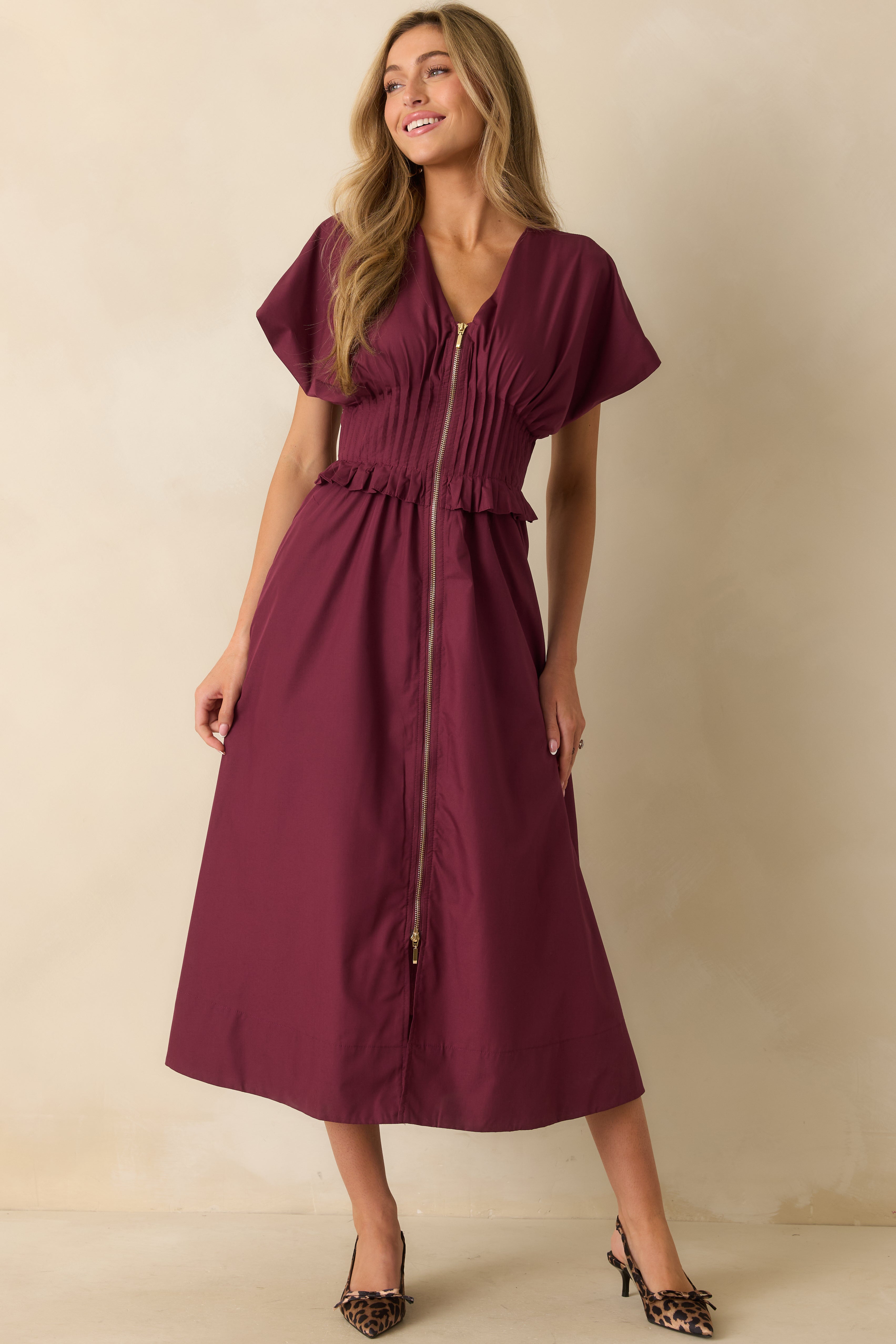 Let It Be Easy Wine Red Smocked Waist Zip Maxi Dress