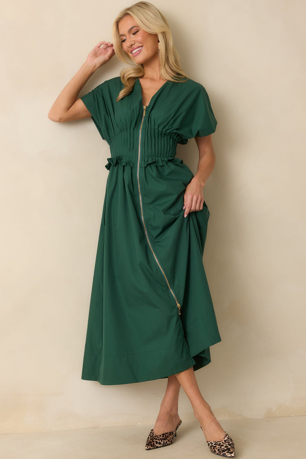 Let It Be Easy Green Smocked Waist Zip Maxi Dress