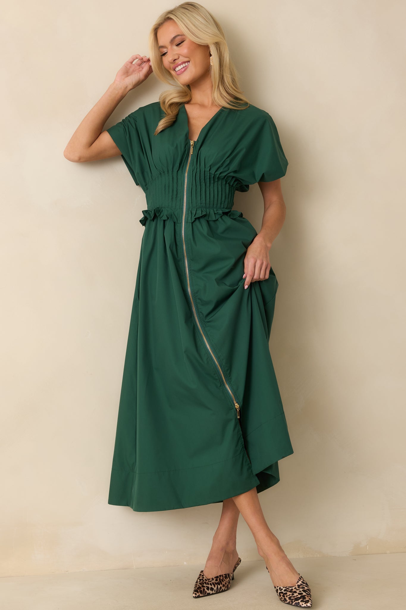 Let It Be Easy Green Smocked Waist Zip Maxi Dress