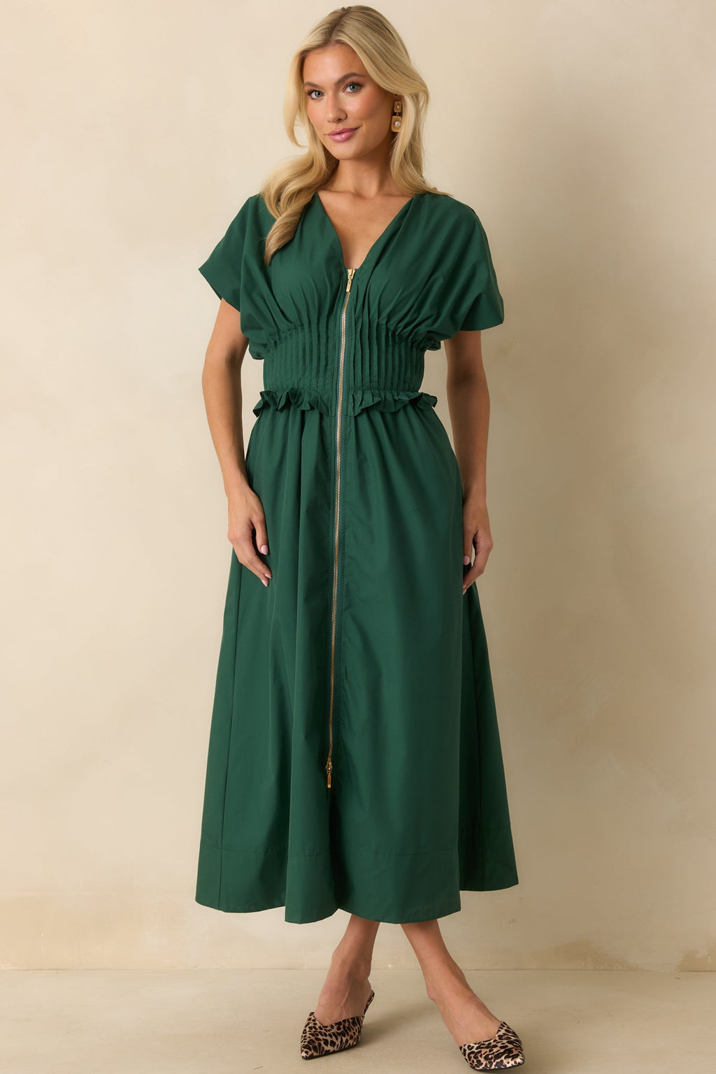 Let It Be Easy Green Smocked Waist Zip Maxi Dress