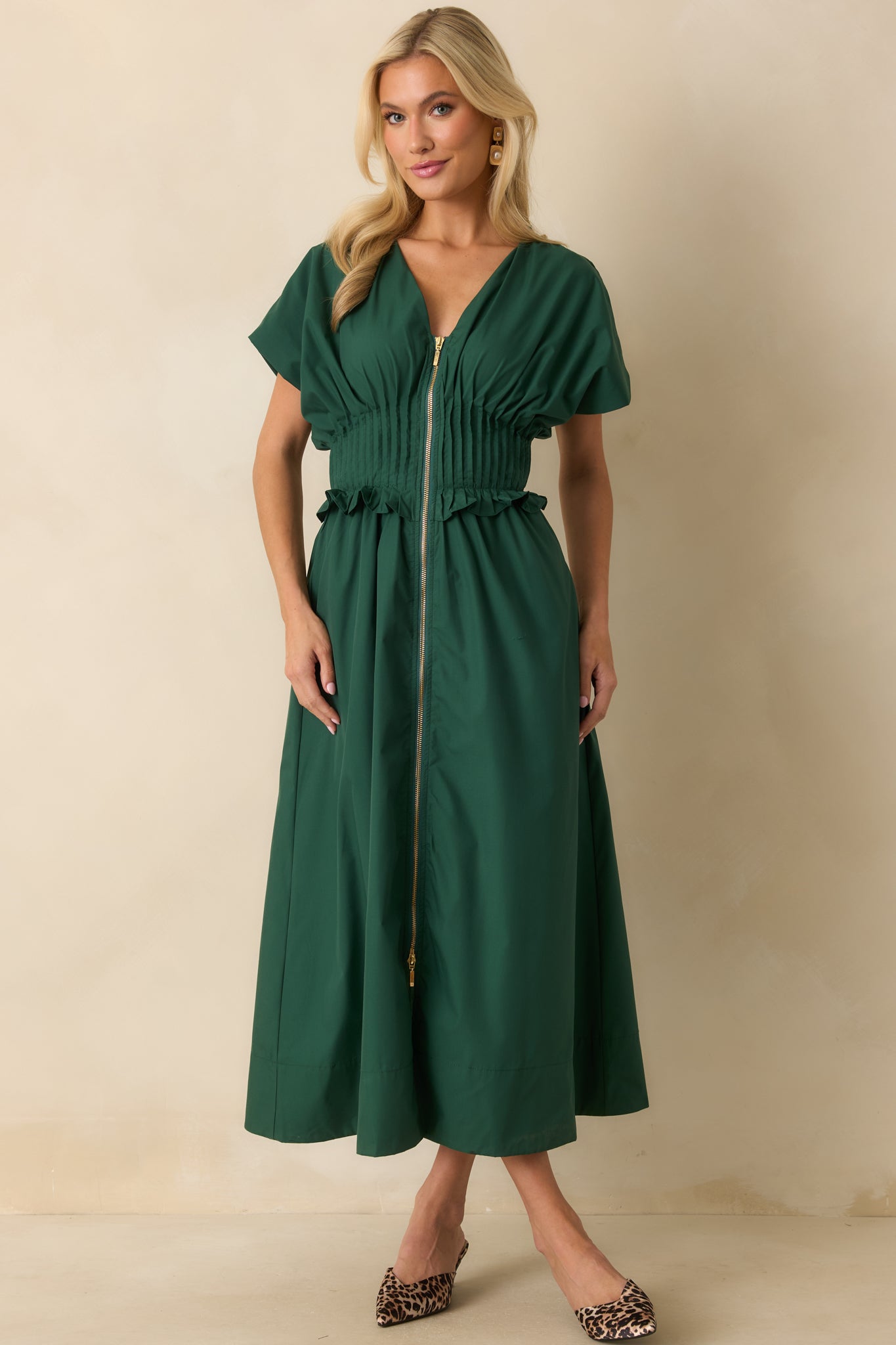 Let It Be Easy Green Smocked Waist Zip Maxi Dress