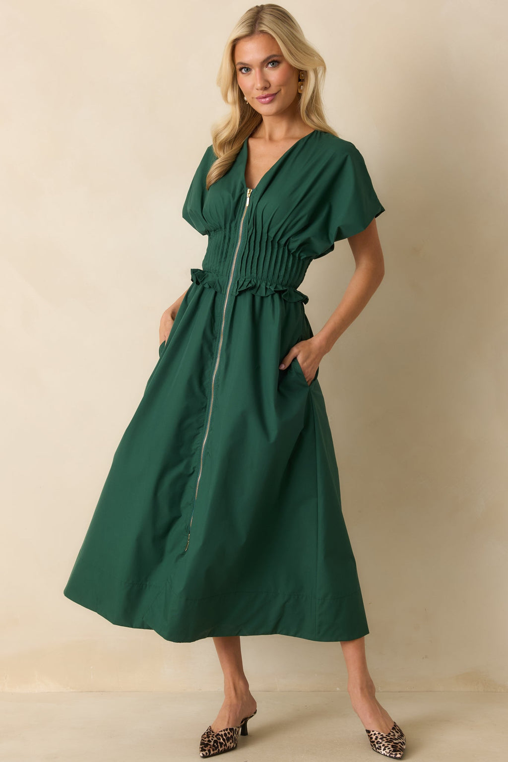 Let It Be Easy Green Smocked Waist Zip Maxi Dress