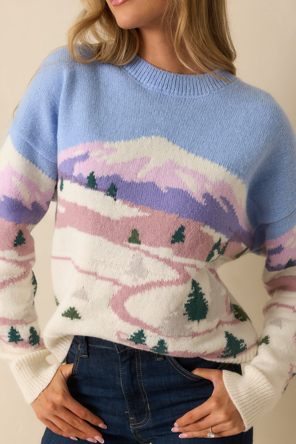 Frosted Peaks Periwinkle & Ivory Mountainscape Knit Sweater
