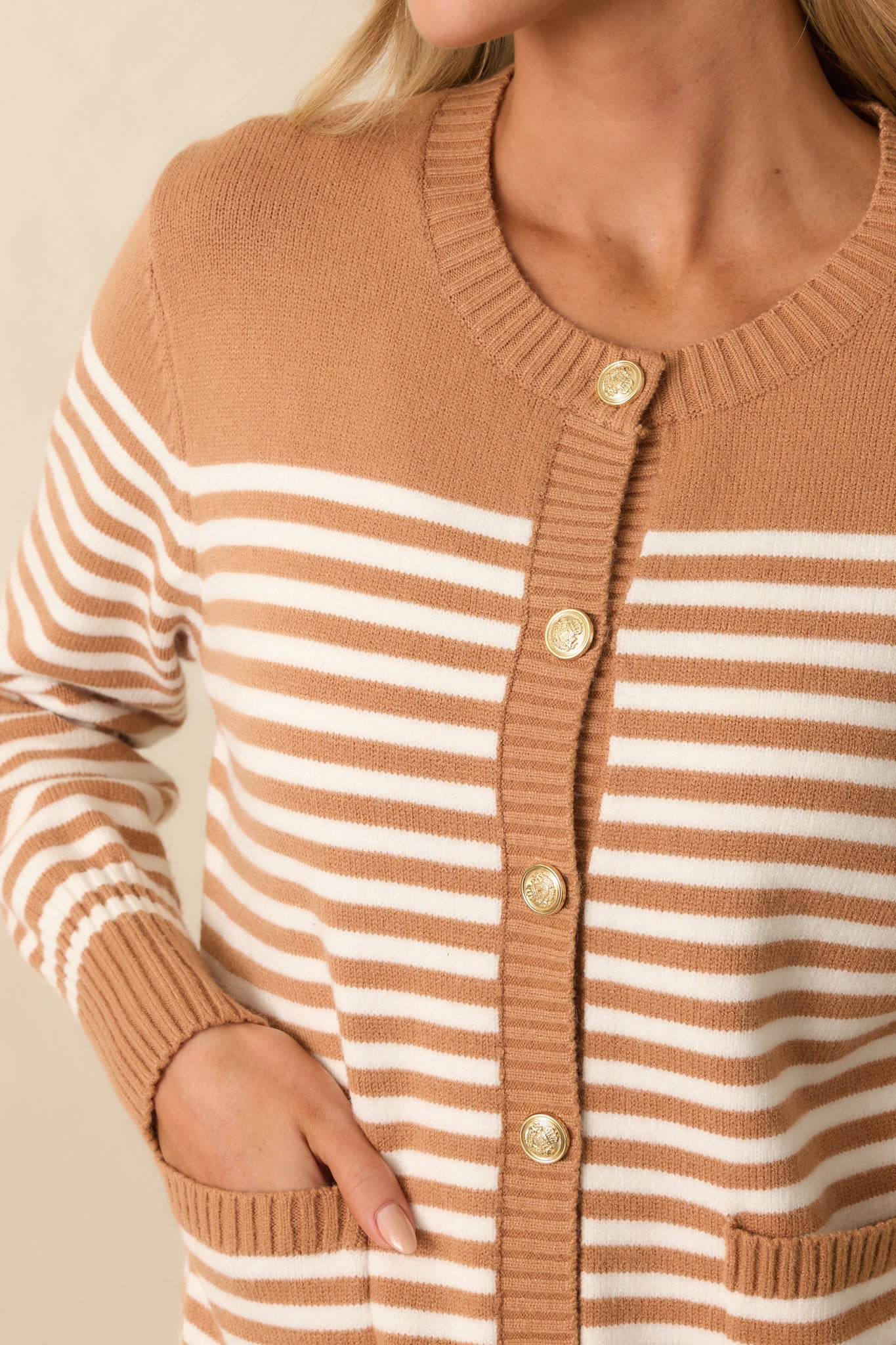 Right On Schedule Camel Brown Stripe Long Sleeve Button Up Cardigan