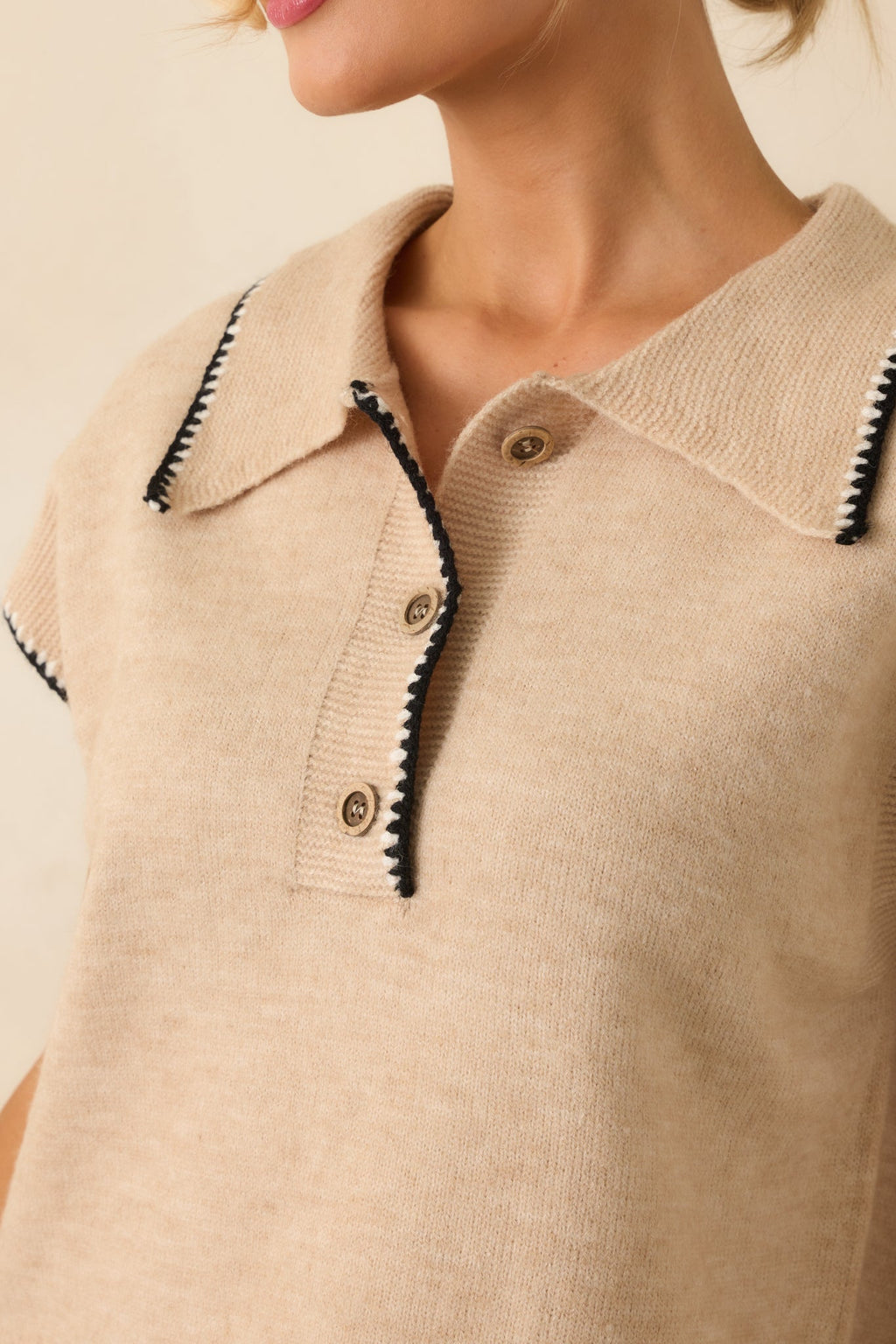 Let’s Call It Even Oatmeal Beige Contrast Trim Knit Short Sleeve Polo Top